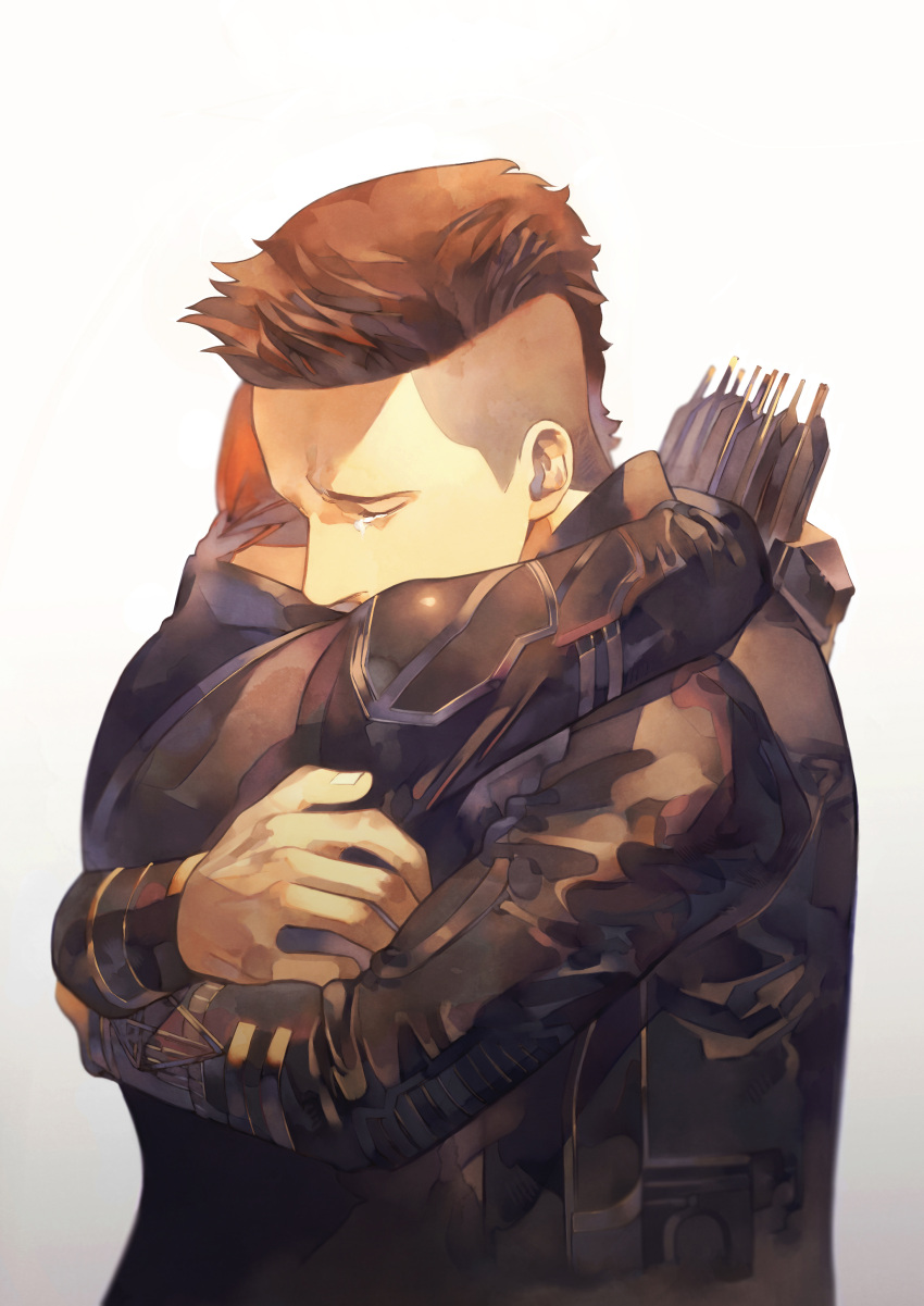 1boy 1girl absurdres arrow_(projectile) avengers:_endgame avengers_(series) black_bodysuit black_jacket black_widow bodysuit braid brown_hair clint_barton closed_eyes commentary_request crying fingernails grey_background hawkeye_(marvel) highres hug jacket long_hair long_sleeves marvel marvel_cinematic_universe natasha_romanoff pocket red_hair roku0180 sad short_hair simple_background standing tears