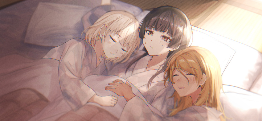 3girls arm_pillow arm_up black_hair blanket blonde_hair commentary cuddling frown girl_sandwich grey_hair grimace hand_on_another's_stomach highres hug idolmaster idolmaster_shiny_colors indoors itagaku izumi_mei lying mayuzumi_fuyuko morning multiple_girls on_back on_side pillow sandwiched serizawa_asahi sleeping straylight_(idolmaster) sunlight sweatdrop tatami