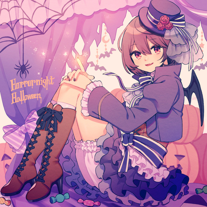 1girl ascot bloomers blue_skirt boots brown_footwear brown_hair bug demon_wings edward-el ensemble_stars! genderswap genderswap_(mtf) happy_halloween highres horror_night_halloween_(ensemble_stars!) long_sleeves official_alternate_costume red_eyes sakuma_ritsu short_hair sitting skirt solo spider vampire wings