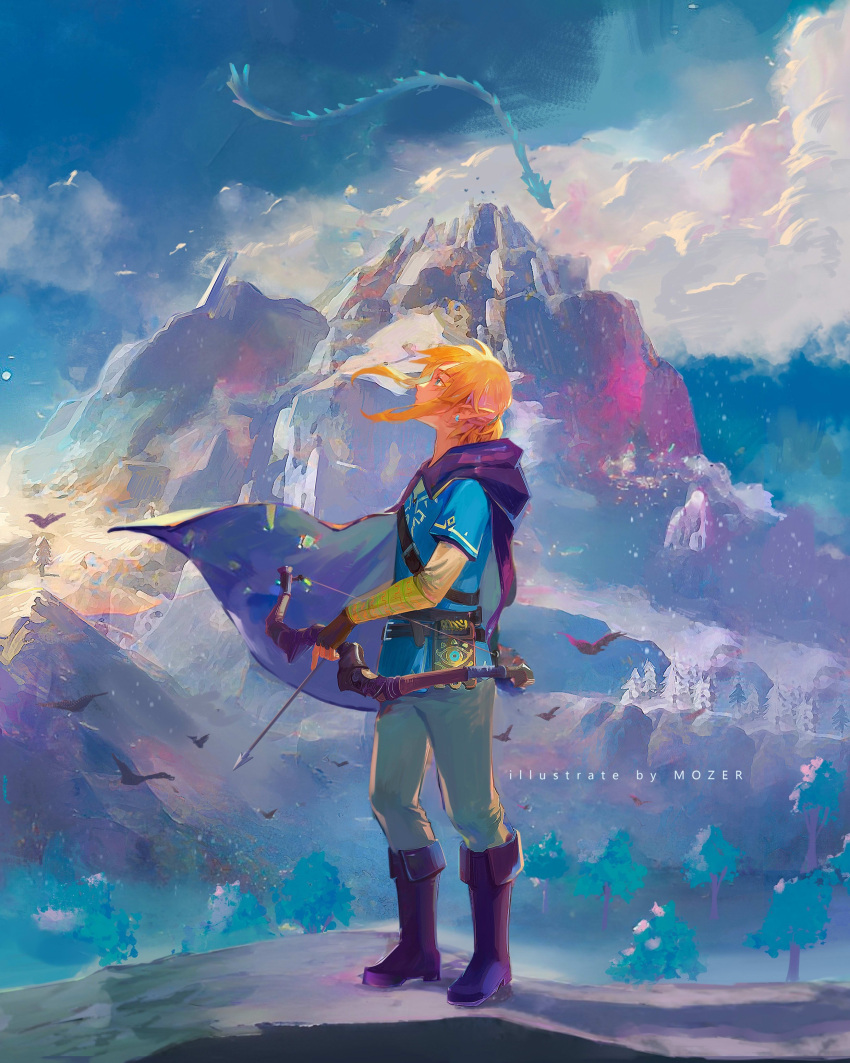 1boy absurdres bird blue_sky blue_tunic bow_(weapon) cloud earrings highres holding holding_bow_(weapon) holding_weapon jewelry light_brown_hair link mountain mozer_(zerlinda) nature naydra pointy_ears scenery sheikah_slate short_ponytail sidelocks sky the_legend_of_zelda the_legend_of_zelda:_breath_of_the_wild tree weapon