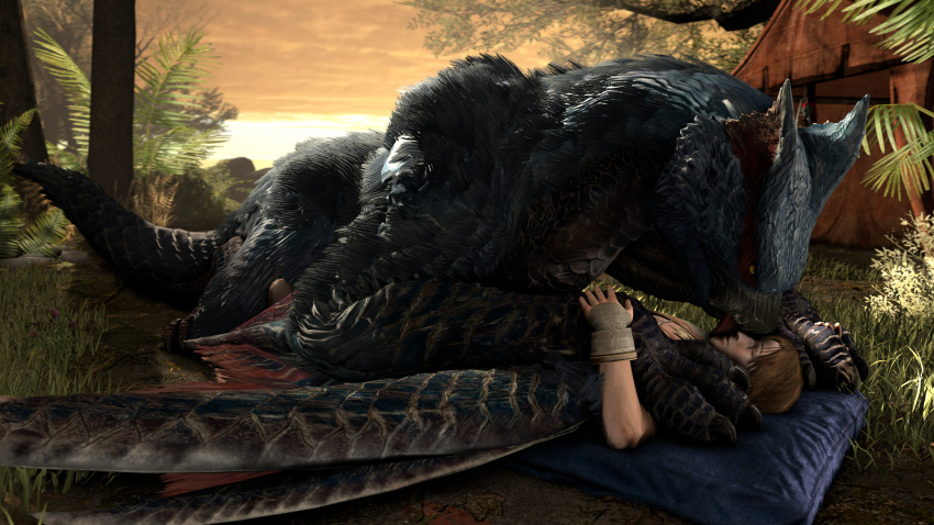 16:9 2021 3d_(artwork) 4k absurd_res ambiguous_gender beak black_body black_scales blue_body blue_fur capcom claws clothed clothing cloud detailed_background digital_media_(artwork) duo eyes_closed feral flying_wyvern foot_fetish foot_lick foot_play fur hair hi_res human ivorylagiacrus larger_ambiguous larger_feral licking lying male mammal membrane_(anatomy) membranous_wings monster_hunter nargacuga on_back on_top open_mouth outside pinned pinned_to_ground plant pupils scales scalie sharp_claws size_difference sky slit_pupils smaller_human smaller_male source_filmmaker sunrise tail tongue tongue_out tree widescreen wings yellow_eyes