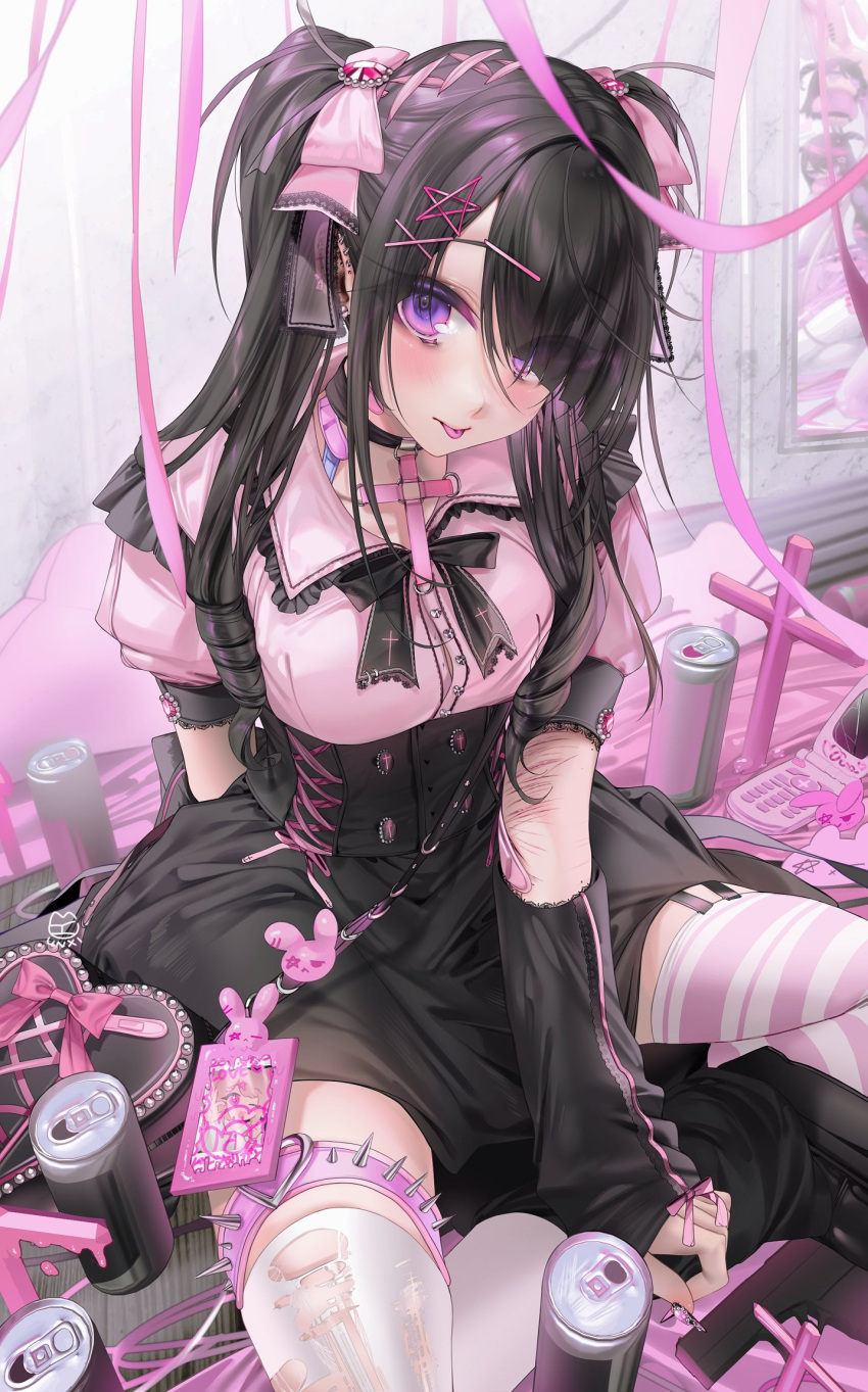 1girl :p arm_support black_choker black_hair black_ribbon black_skirt bow breasts buttons can check_copyright choker copyright_request cross cross_choker detached_sleeves double-breasted dress_shirt frilled_shirt frills hair_bow hair_ornament hairclip highres large_breasts long_hair long_sleeves neck_ribbon needy_girl_overdose phone pink_eyes pink_ribbon pink_thighhighs puffy_short_sleeves puffy_sleeves ribbon scar scar_on_arm shirt short_sleeves skirt smile solo spiked_thighlet star_(symbol) star_hair_ornament striped striped_thighhighs thighhighs tongue tongue_out unxi white_bow white_thighhighs
