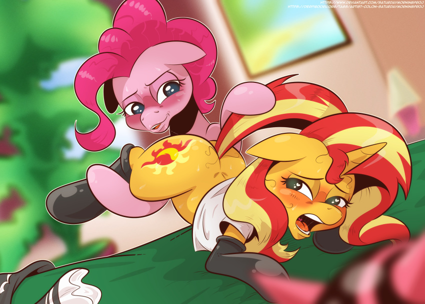 blush butt clothing equestria_girls equid equine female female/female feral feral_on_feral friendship_is_magic hasbro hi_res horn mammal my_little_pony pinkie_pie_(mlp) saturdaymorningproj shirt sunset_shimmer_(eg) topwear unicorn