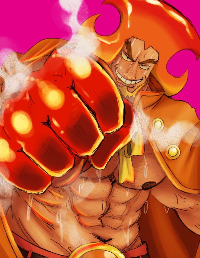 1boy abs bara bare_pectorals beard charlotte_oven coat coat_on_shoulders facial_hair fire foreshortening forked_eyebrows froggy_(katslovesalmon1) grin highres impossible_hair incoming_attack incoming_punch large_pectorals looking_at_viewer male_focus mature_male molten_rock muscular muscular_male navel nipples no_shirt one_piece pectorals punching pyrokinesis sanpaku short_hair smile solo sparse_chest_hair steam steaming_body stomach sweat thick_eyebrows upper_body very_sweaty