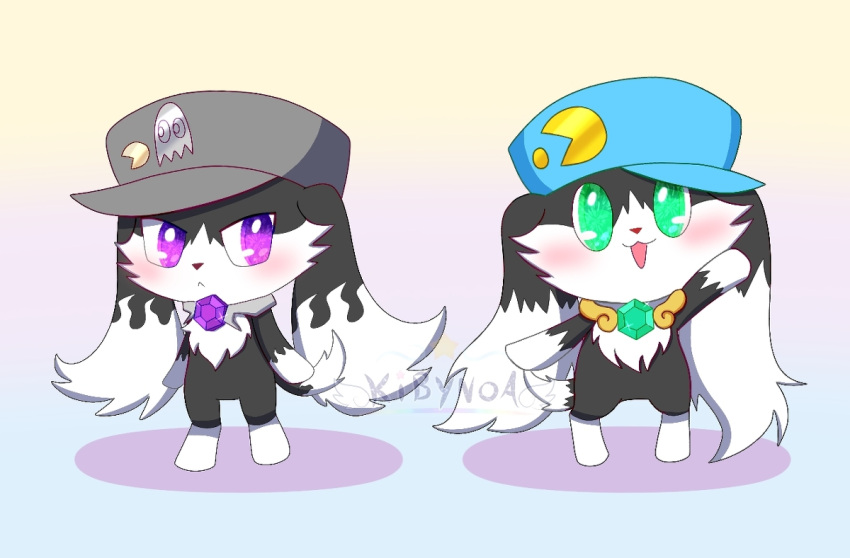 bandai_namco black_and_white clothing collar domestic_cat duo felid feline felis fur gem green_eyes hat headgear headwear hybrid jewelpet kibynoa klonoa klonoa_(series) lagomorph leporid male male/male mammal monochrome multicolored_body multicolored_fur nightmare_klonoa nude pac-man pac-man_(series) purple_eyes rabbit sanrio style_parody symbol two_tone_body two_tone_fur