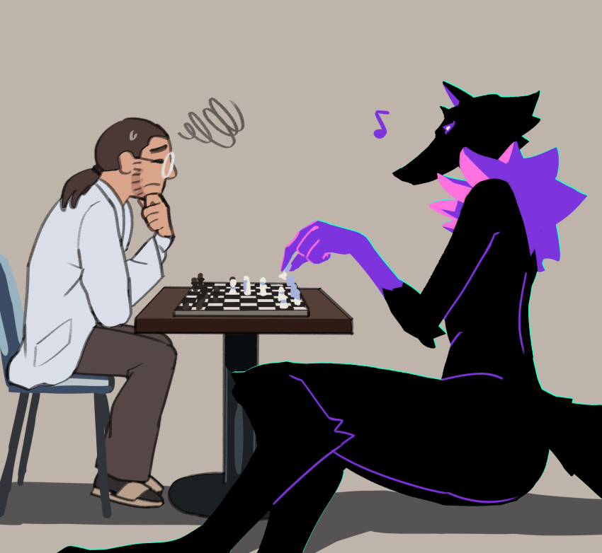 alien anthro black_body black_fur chess clothed clothing duo female fur hi_res human kemokin_mania male mammal musical_note neck_tuft nude purple_body purple_fur purple_sclera size_difference tail tuft