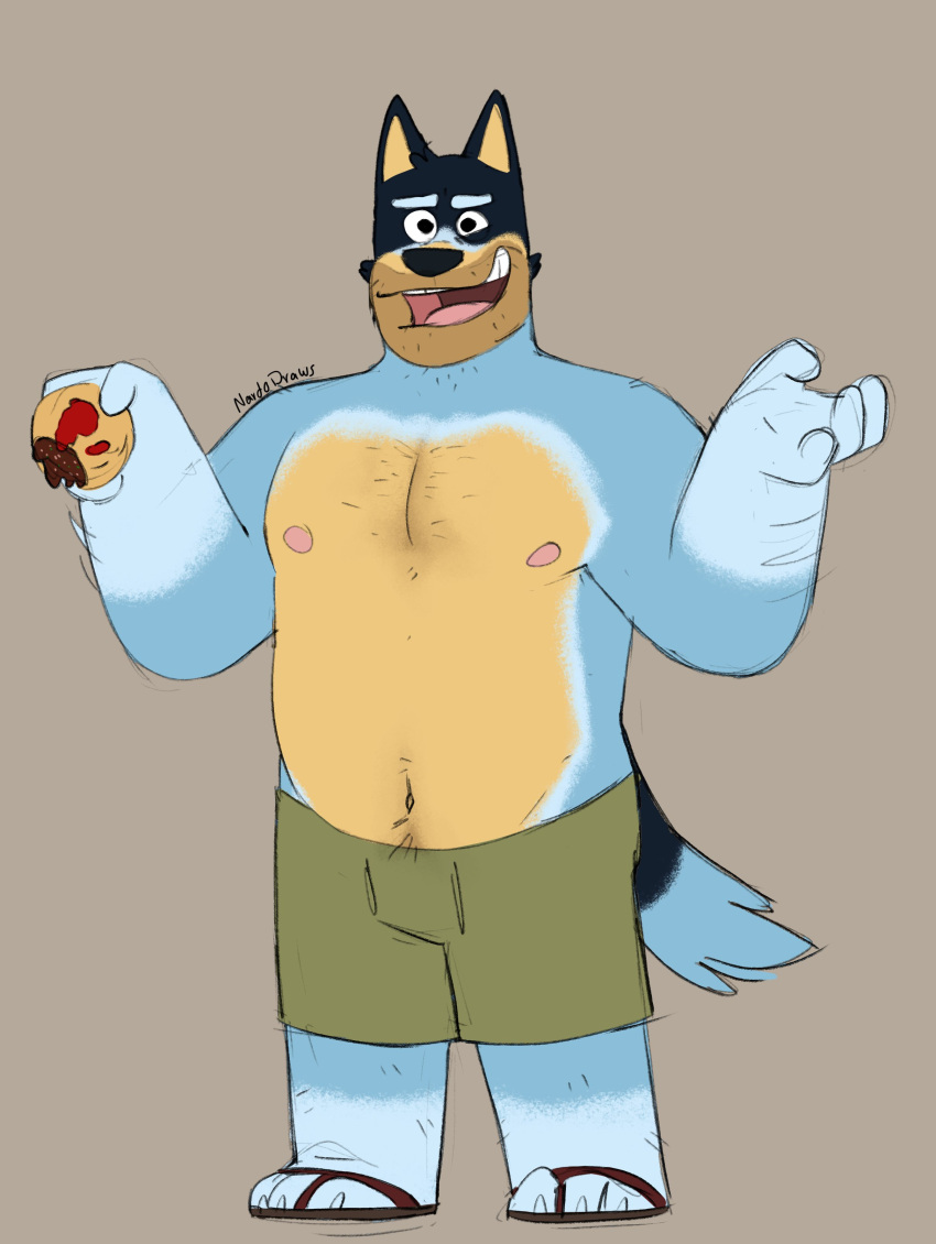 absurd_res anthro bandit_heeler black_body black_fur blue_body blue_fur bluey_(series) body_hair bottomwear brown_background brown_bottomwear brown_clothing brown_pants canid canine canis chest_hair claws clothed clothing cookie domestic_dog food footwear fur hi_res holding_cookie holding_food holding_object male mammal nardodraws navel nipples open_mouth pants sandals simple_background smile solo stubble tan_body tan_fur teeth_showing tongue_showing topless