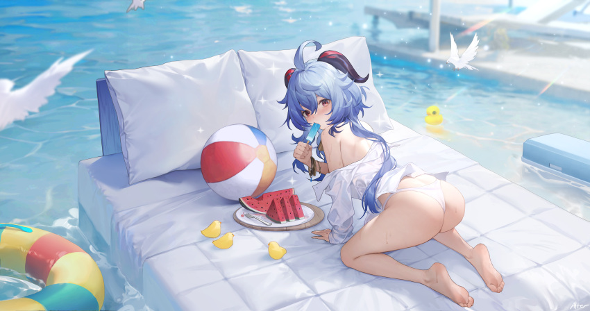 1girl absurdres ahoge all_fours alter ass ball bare_shoulders barefoot beachball bed bikini bird bracelet chick day feet food food_in_mouth fork from_behind fruit full_body ganyu_(genshin_impact) genshin_impact goat_horns highres holding holding_food holding_popsicle horns innertube jewelry legs long_hair looking_at_viewer looking_back off_shoulder outdoors plate pool popsicle popsicle_in_mouth rubber_duck seagull shirt soles solo swimsuit thighs toes very_long_hair water watermelon watermelon_slice wavy_hair wet white_bikini white_shirt