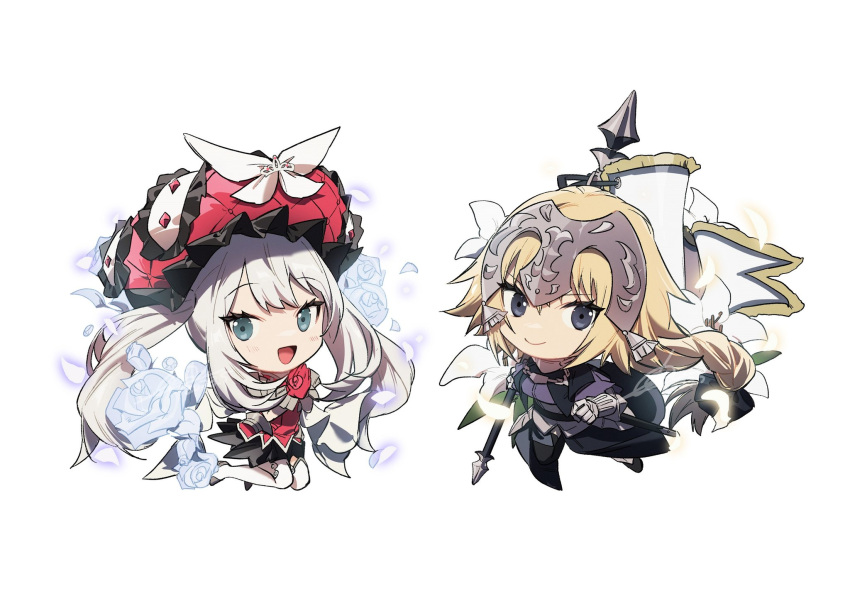 2girls armor blonde_hair bow braid chibi dress fate/apocrypha fate/grand_order fate_(series) faulds flower frilled_headwear gauntlets gloves grey_eyes grey_flower grey_hair grey_rose hat hat_bow headpiece highres holding jeanne_d'arc_(fate) jeanne_d'arc_(ruler)_(fate) long_hair marie_antoinette_(fate) multiple_girls no-kan open_mouth plackart red_gloves red_headwear sleeveless sleeveless_dress smile standard_bearer thighhighs twintails white_flower white_thighhighs