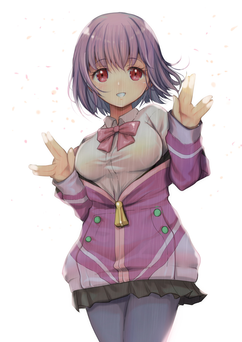 1girl black_skirt bow bowtie breasts collared_shirt cowboy_shot dress_shirt grey_pantyhose gridman_universe highres jacket jacket_partially_removed large_breasts looking_at_viewer pantyhose parted_lips pink_bow pink_bowtie pleated_skirt purple_hair purple_jacket red_eyes salute shinjou_akane shirt short_hair simple_background skirt solo ssss.gridman standing vulcan_salute white_background white_shirt yashin_(yasinz)