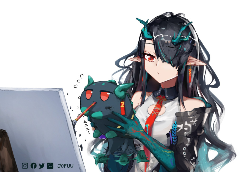 1boy 1girl animalization arknights black_hair canvas_(object) commentary dragon_bubble_(arknights) dragon_girl dragon_horns dusk_(arknights) earrings english_commentary highres horns jewelry jofuu_artist paintbrush paintbrush_in_mouth painting_(action) pointy_ears red_eyes tail tail_wagging white_background