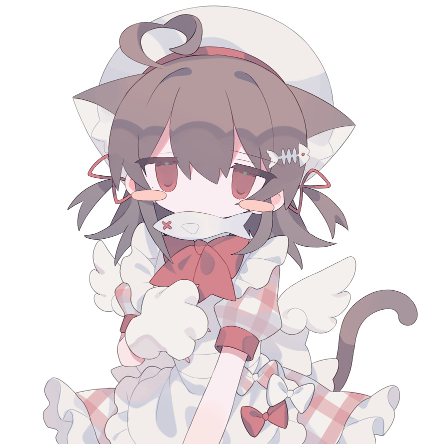 1girl absurdres ahoge angel_wings animal_ear_fluff animal_ears animal_hands apron blush_stickers bow bowtie brown_hair cat_ears cat_girl cat_paws cat_tail daizu_(melon-lemon) dress extra_ears fish fish_bone fish_hair_ornament frilled_apron frills gingham_bow gingham_dress gloves hair_between_eyes hair_ornament hair_ribbon hat heart heart_ahoge highres looking_at_viewer maid_apron medium_hair mini_wings mouth_hold no_nose original paw_gloves puffy_short_sleeves puffy_sleeves red_bow red_bowtie red_dress red_eyes red_ribbon ribbon sailor_hat short_sleeves simple_background solo standing tail transparent_background two_side_up upper_body white_apron white_bow white_headwear wings