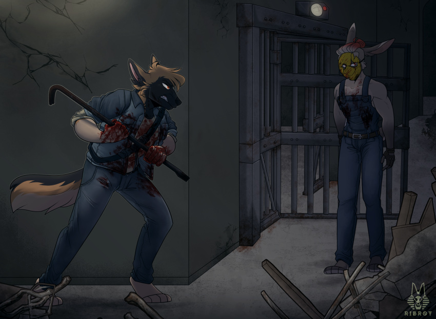 anthro blood blood_on_clothing blood_on_face bodily_fluids canid canine canis clenched_teeth clothed clothing crowbar damaged_building debris detailed_background digital_media_(artwork) domestic_dog duo german_shepherd herding_dog hi_res hiding_behind_wall holding_crowbar imminent_death inside lagomorph leporid looking_around_corner male male/male mammal manhunt_(game) mask nathan_(ribr0t) overalls overalls_only pastoral_dog prison prisoner rabbit ribr0t teeth tools unsuspecting_victim vardin_drain weapon