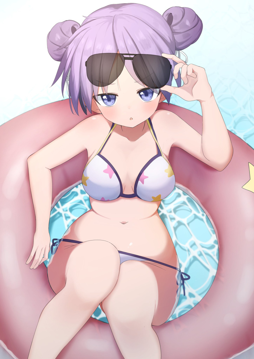 1girl :o adjusting_eyewear bare_arms bare_shoulders bikini blue_eyes breasts chestnut_mouth cleavage double_bun eyes_visible_through_hair hair_bun hair_ribbon hair_up hand_up highres hiiragi_kagami innertube light_purple_hair looking_at_viewer lucky_star medium_breasts navel nicomi-chan open_mouth pink_innertube print_bikini red_innertube ribbon short_hair side-tie_bikini_bottom solo star_(symbol) star_print sunglasses swimsuit v-shaped_eyebrows water white_ribbon