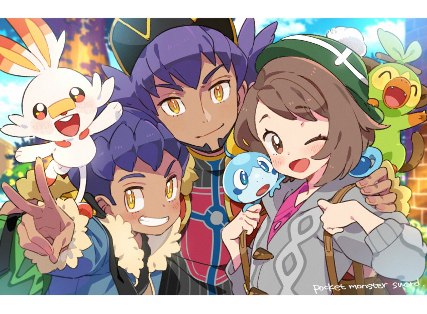 1girl 2boys ;d backpack bag black_shirt blue_jacket blush bob_cut bright_pupils brown_bag brown_eyes brown_hair buttons cable_knit cardigan champion_uniform closed_mouth collared_dress commentary copyright_name dark-skinned_male dark_skin day dress facial_hair fur-trimmed_jacket fur_trim gloria_(pokemon) green_bag green_headwear grey_cardigan grin grookey hand_on_another's_shoulder hat hooded_cardigan hop_(pokemon) jacket leon_(pokemon) letterboxed looking_at_viewer miya_(ete) multiple_boys one_eye_closed open_mouth outdoors pink_dress pokemon pokemon_(creature) pokemon_(game) pokemon_swsh purple_hair scorbunny shield_print shirt short_hair smile sobble starter_pokemon_trio sword_print symbol-only_commentary tam_o'_shanter teeth tongue yellow_eyes