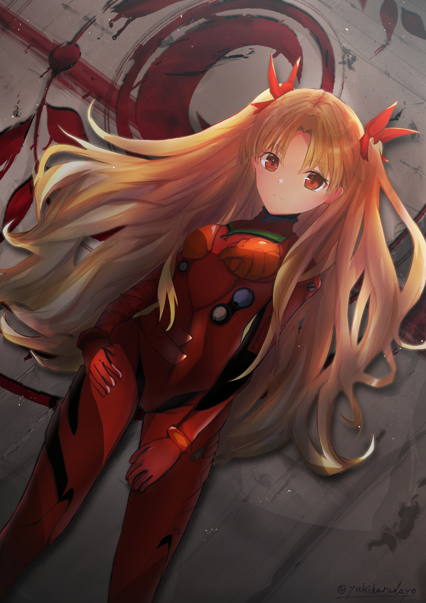 1girl absurdres bangs between_legs blonde_hair bodysuit breasts closed_mouth commentary_request cosplay ereshkigal_(fate) expressionless fate/grand_order fate_(series) gradient_hair hair_over_shoulder hair_ribbon hand_between_legs hands_on_own_thighs head_tilt highres long_hair looking_at_viewer medium_breasts messy_hair multicolored_hair neon_genesis_evangelion parted_bangs plugsuit red_bodysuit red_eyes red_hair red_ribbon ribbon sidelocks skin_tight solo souryuu_asuka_langley souryuu_asuka_langley_(cosplay) two_side_up very_long_hair wall yuki_haru