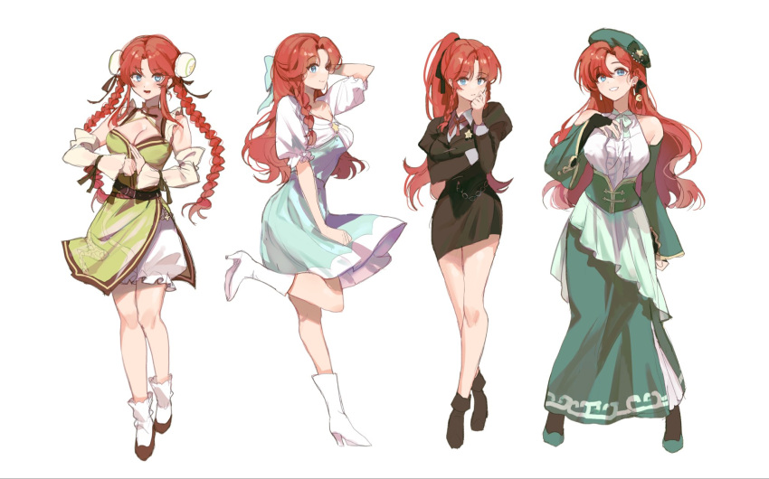 1girl alternate_costume bloomers blue_bow blue_dress blue_eyes bow braid china_dress chinese_clothes dress formal green_dress highres hong_meiling looking_at_viewer multiple_views red_hair sarukana solo touhou twin_braids underwear white_background white_bloomers yellow_star