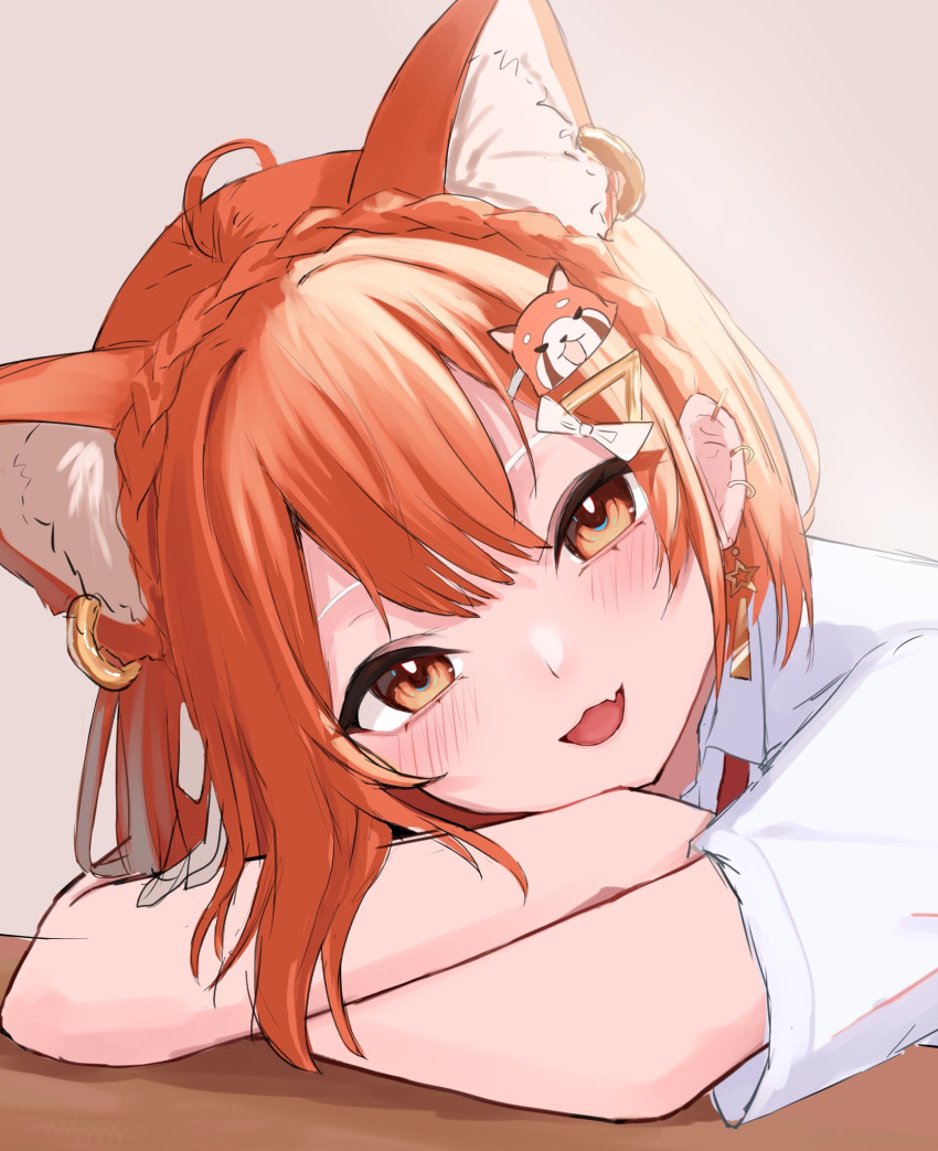 1girl :d aki_uzuki3 animal_ears braid crown_braid earrings extra_ears fang highres jewelry looking_at_viewer multiple_earrings nijisanji open_mouth orange_eyes orange_hair raccoon_ears raccoon_girl raccoon_hair_ornament ratna_petit shirt short_sleeves skin_fang smile virtual_youtuber white_shirt