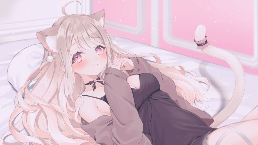 1girl absurdres ahoge animal_ears artist_request bare_shoulders breasts choker cleavage closed_mouth eyebrows_hidden_by_hair highres indie_virtual_youtuber long_hair long_sleeves looking_at_viewer lying on_back sleeves_past_wrists smile solo tail uise_iu
