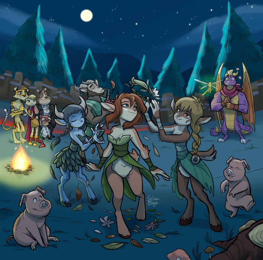 activision antennae_(anatomy) anthro arthropod bear bianca_(spyro) breasts campfire casual_nudity celebration cheetah clothed clothing dancing deer digital_media_(artwork) domestic_pig dragon dragonfly elora faun faun_(spyro) felid feline female flower flower_crown group hi_res hooves horn hunter_(spyro) insect krista_(spyro) lagomorph leporid male mammal membrane_(anatomy) membranous_wings moneybags_(spyro) moon night nude outside plant purple_body rabbit satyr scalie selinaeagle sparx spots spyro spyro_reignited_trilogy spyro_the_dragon suid suina sus_(pig) tagme tail ursine western_dragon wings