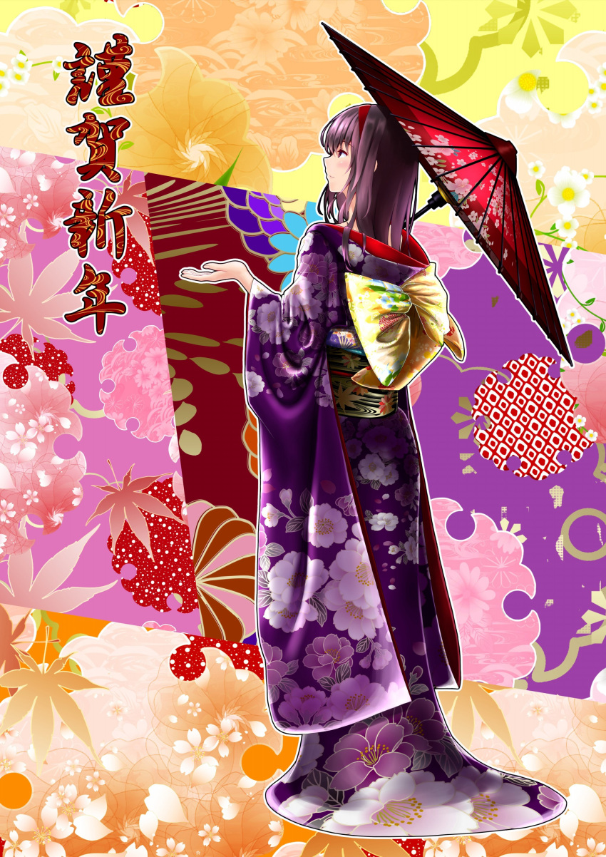 1girl absurdres alternate_costume black_hair blush brown_eyes commentary_request floral_print floral_print_kimono flower from_behind full_body furisode hand_up happy_new_year headband highres holding holding_umbrella japanese_clothes kasumigaoka_utaha kimono light_smile long_hair long_sleeves obi oil-paper_umbrella print_kimono purple_kimono red_headband red_umbrella saenai_heroine_no_sodatekata sash sion_(banerye123456) solo standing umbrella wide_sleeves