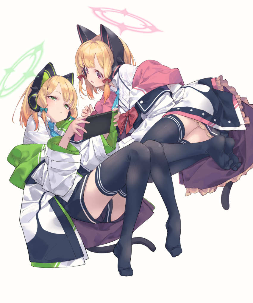 2girls animal_ear_headphones animal_ears blonde_hair blue_archive blue_necktie blush bow cat_ear_headphones cat_ears cat_tail cellphone controller fake_animal_ears game_controller green_eyes hair_bow halo hand_on_headphones handheld_game_console headphones headphones_around_neck headset highres holding holding_handheld_game_console holding_phone jacket long_hair long_sleeves looking_at_another midori_(blue_archive) momoi_(blue_archive) multiple_girls necktie nintendo_switch no_shoes off_shoulder open_mouth phone playing_games robot_ears shirt siblings sisters smartphone tail thighhighs twins white_jacket white_shirt yoshida_pino