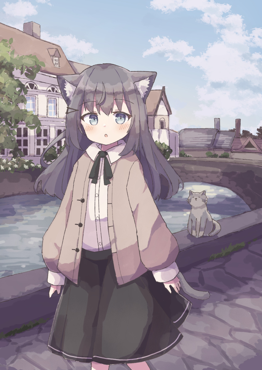 1girl :c absurdres animal_ear_fluff animal_ears arms_at_sides black_ribbon black_skirt blue_eyes blue_sky blush bridge brown_cardigan building bush buttons canal cardigan cat cat_ears cat_girl cat_tail cloud cloudy_sky collared_shirt colon_br day feet_out_of_frame grey_hair hair_between_eyes hair_ornament hairclip highres house long_hair long_skirt long_sleeves looking_at_viewer neck_ribbon open_cardigan open_clothes open_mouth original outdoors raised_eyebrows ribbon shirt sidelocks skirt sky solo stone_floor straight_hair tail town tree white_shirt window