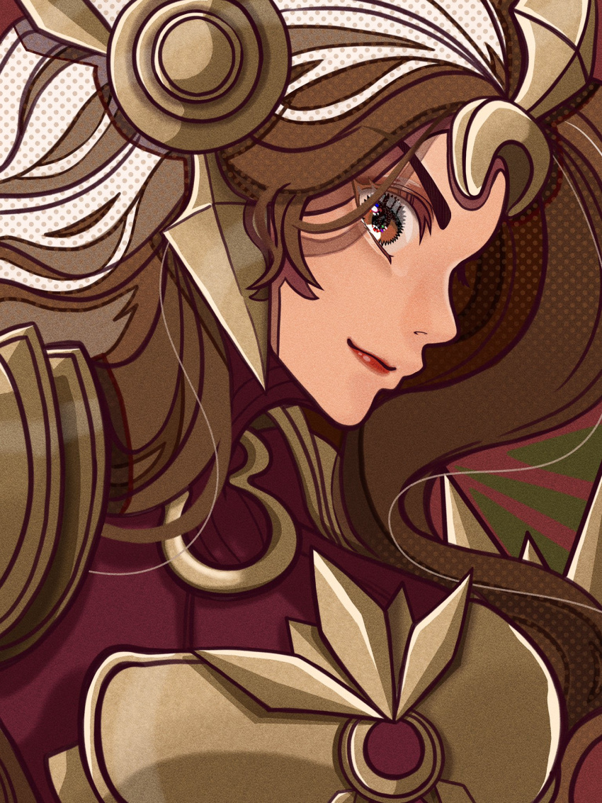 1girl armor brown_eyes brown_hair closed_mouth full_armor hair_ornament highres kawaguti_kappa league_of_legends leona_(league_of_legends) lipstick long_hair looking_at_viewer makeup parted_bangs red_lips simple_background smile solo upper_body