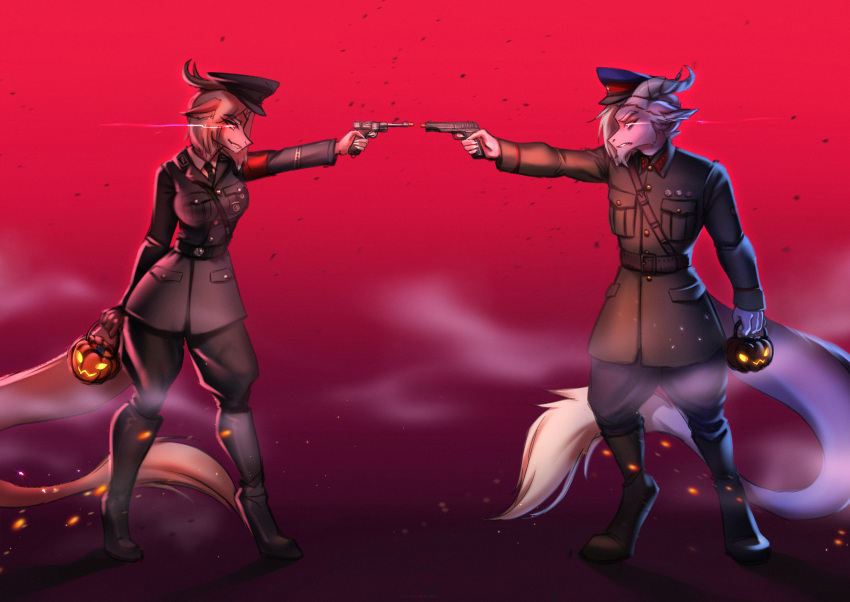 2023 aiming_at_another alen_(saren662) amarihel angry anthro beard betl boots clothed clothing dragon duo eiris_(saren662) eye_contact facial_hair female footwear fully_clothed fur furred_dragon grin gun halloween handgun hi_res holding_object holding_weapon holidays horn jack-o'-lantern looking_at_another male nazi nkvd pink_body pistol pockets ranged_weapon russian smile soviet_union tail tail_tuft tuft uniform weapon
