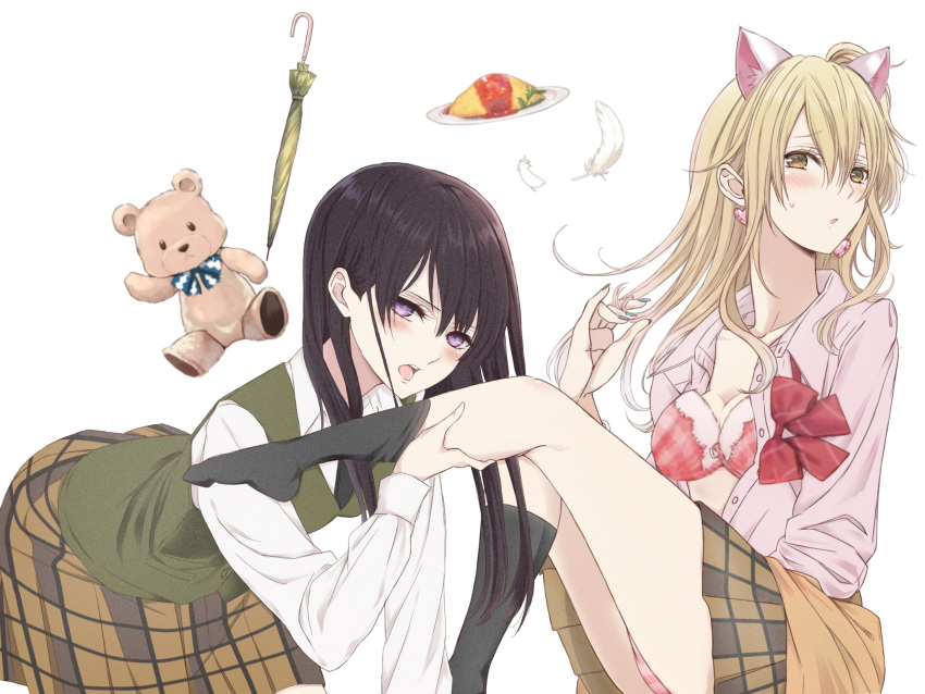 2girls aihara_academy_school_uniform aihara_mei aihara_yuzu black_hair blonde_hair blush breasts citrus_(saburouta) clothes_around_waist commentary_request earrings gangshangguang_(smjy5842) green_eyes highres jewelry long_hair looking_at_viewer medium_breasts multiple_girls open_mouth purple_eyes school_uniform shirt skirt step-siblings step-sisters sweater sweater_around_waist uniform wife_and_wife yuri