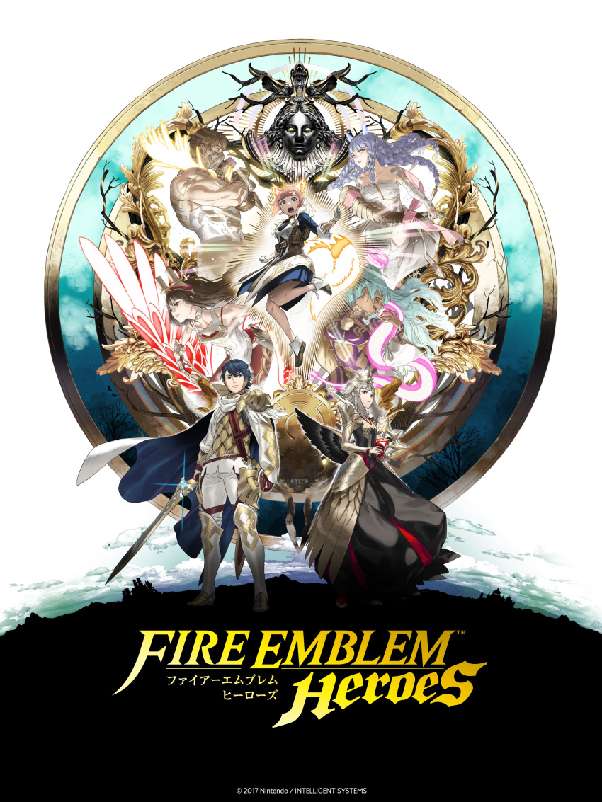 absurdres alfonse_(fire_emblem) animal_ears black_wings breasts cape character_request dress fire_emblem fire_emblem_heroes grey_hair highres kozaki_yuusuke multiple_ears muscular muscular_male official_alternate_costume official_alternate_hair_length official_alternate_hairstyle official_art ratatoskr_(fire_emblem) red_eyes short_hair short_hair_with_long_locks small_breasts smile squirrel_ears squirrel_girl squirrel_tail tail tiara veronica_(fire_emblem) veronica_(princess_rising)_(fire_emblem) wings
