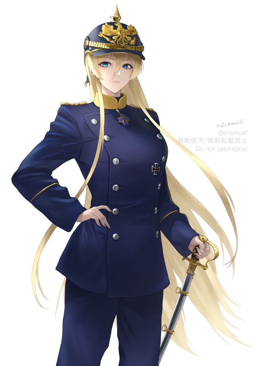 1girl alternate_costume artist_name azur_lane bismarck_(azur_lane) blonde_hair blue_eyes blue_jacket blue_pants breasts buttons chinese_text cowboy_shot cross double-breasted hair_between_eyes hand_on_own_hip helmet highres iron_cross jacket large_breasts long_hair long_sleeves looking_at_viewer lyche_(cramcell) medal military_uniform pants pickelhaube pour_le_merite sheath sheathed simple_background solo uniform very_long_hair white_background