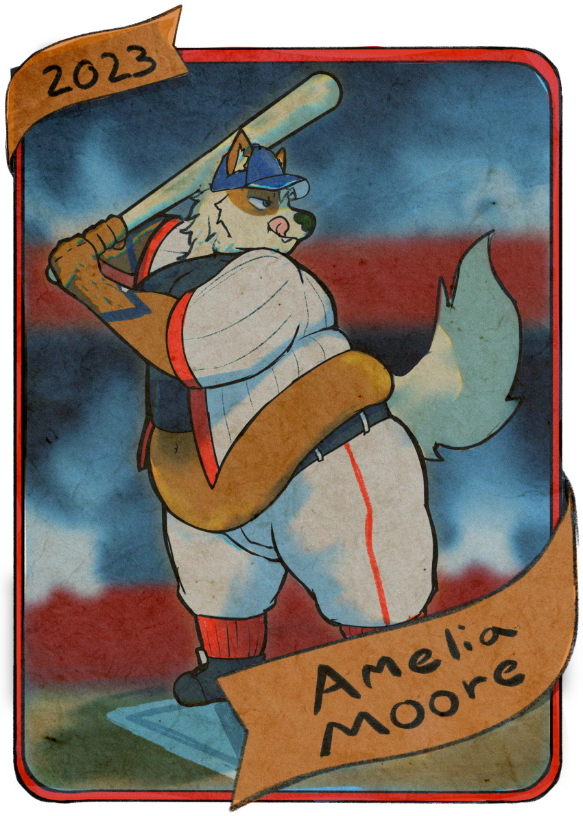 2023 absurd_res amelia_moore anthro arcanine baseball_bat baseball_cap baseball_uniform bat_(object) belly belly_overhang big_belly big_breasts breasts butt canid canine character_name cheek_tuft clothed clothing cute_fangs facial_tuft female fur generation_1_pokemon hat headgear headwear hi_res holding_object holidaysoftfox huge_belly mammal navel nintendo orange_body orange_fur overweight overweight_female pokemon pokemon_(species) solo sportswear stripes tail text thick_thighs tongue tongue_out tuft uniform