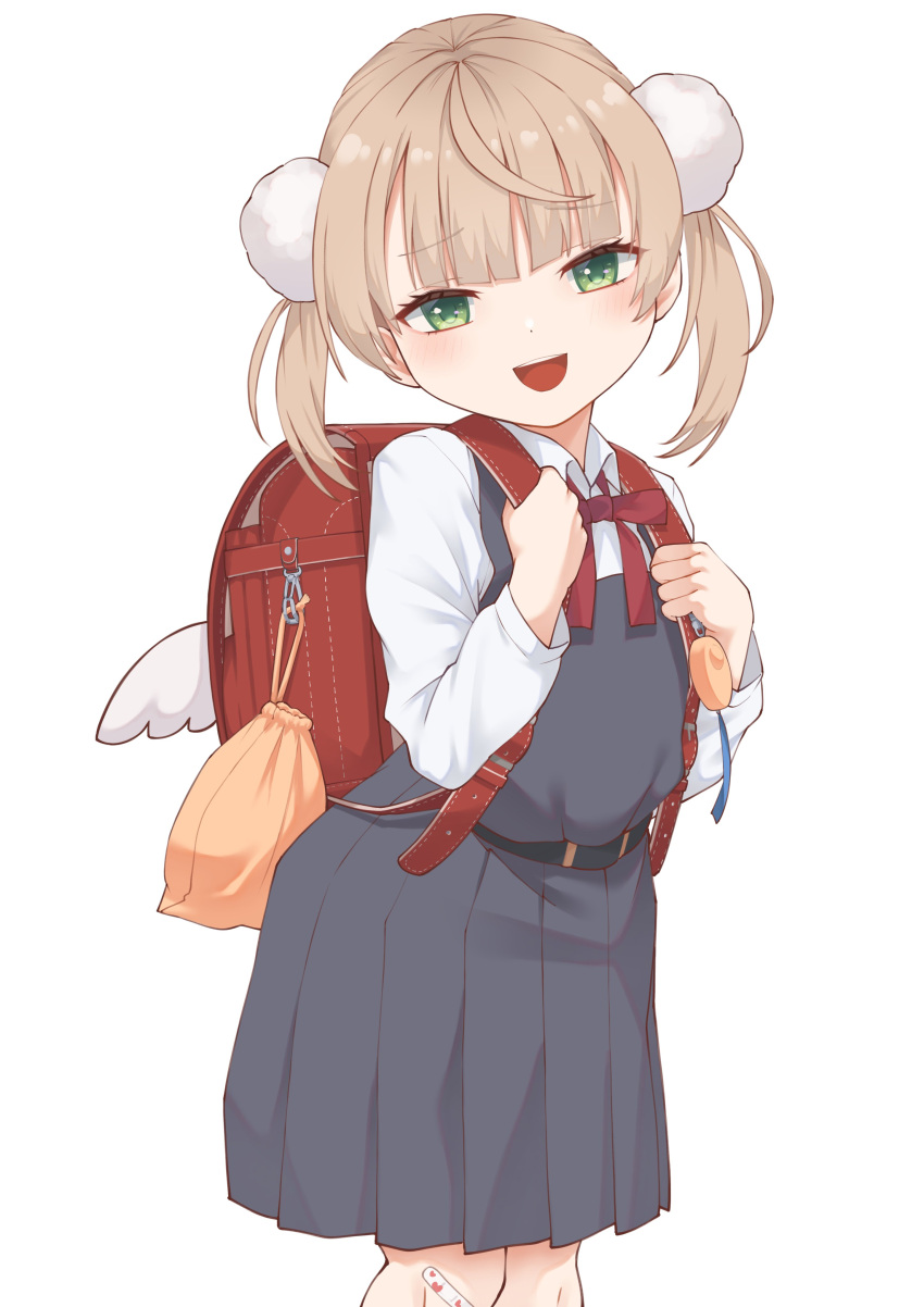 1girl absurdres backpack bag bandaid bandaid_on_knee bandaid_on_leg blush bow bowtie collared_shirt cowboy_shot crime_prevention_buzzer dress green_eyes grey_dress hair_ornament highres indie_virtual_youtuber light_brown_hair looking_at_viewer open_mouth pinafore_dress pom_pom_(clothes) pom_pom_hair_ornament randoseru red_bag red_bow red_bowtie shigure_ui_(vtuber) shigure_ui_(young)_(vtuber) shirt short_hair simple_background sleeveless sleeveless_dress smile soba_(sobaya1938) solo twintails white_background white_shirt