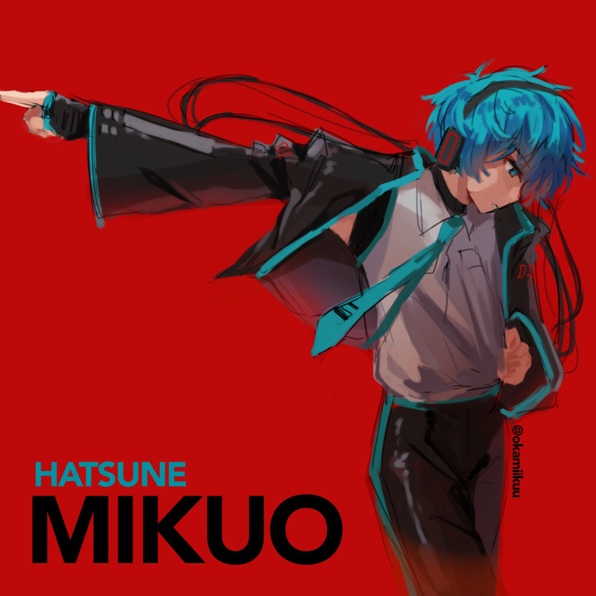 1boy aqua_eyes aqua_hair aqua_necktie black_jacket black_pants character_name english_commentary facing_to_the_side gloves grey_shirt hatsune_mikuo headphones highres jacket looking_down male_focus necktie okamiikuu pants parted_lips red_background shirt sketch sleeveless sleeveless_shirt solo teeth twitter_username vocaloid