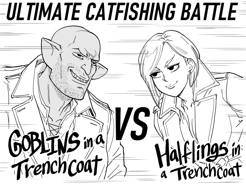 absurd_res baalbuddy clothed clothing coat duo english_text eyebrows female goblin hair halfling hi_res humanoid humanoid_pointy_ears humor male monochrome not_furry smile text topwear trenchcoat