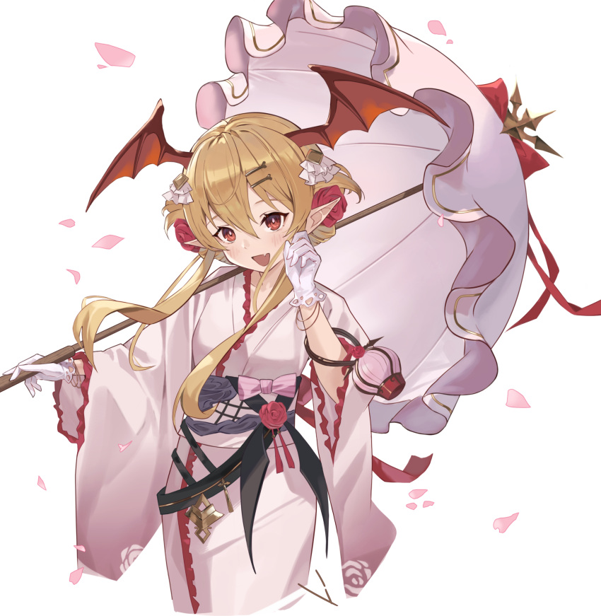 1girl blonde_hair blush breasts cherry_blossoms cowboy_shot fang flower gloves granblue_fantasy hair_flower hair_ornament hairclip hand_up head_wings highres holding holding_umbrella japanese_clothes kimono long_hair long_sleeves looking_at_viewer open_mouth parasol petals pink_gloves pink_kimono pointy_ears red_eyes sidelocks skin_fang small_breasts smile solo umbrella vampy wide_sleeves wings wuzhu_nis yukata