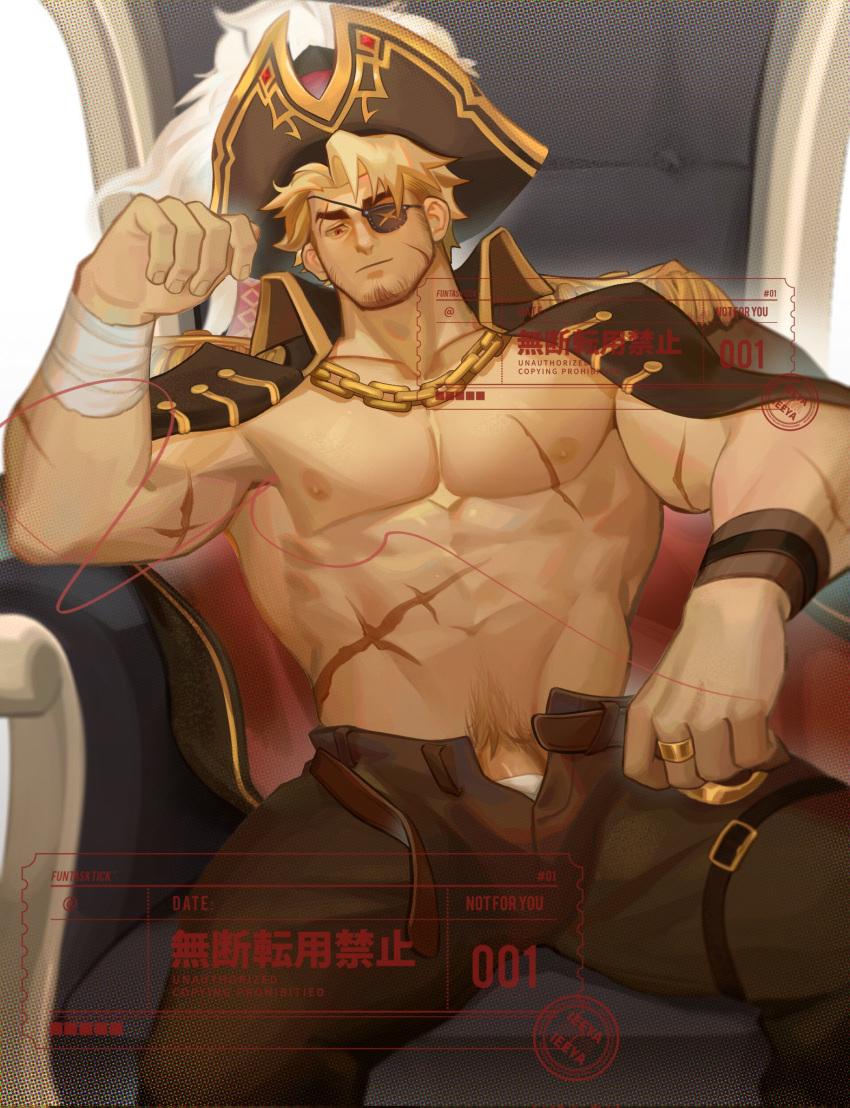 1boy abs amaimochi bara bara_pirate bare_pectorals biceps blonde_hair coat coat_on_shoulders commission eyepatch goatee_stubble hat highres large_pectorals leather leather_pants looking_at_viewer male_focus male_underwear male_underwear_peek mature_male muscular muscular_male navel nipples original pants pectorals penis penis_peek pirate pirate_hat red_eyes scar scar_on_arm scar_on_chest scar_on_stomach short_hair sideburns sitting solo spread_legs stomach strongman_waist thick_eyebrows thick_thighs thighs underwear