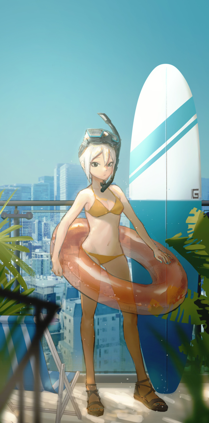 1girl absurdres bikini black_eyes blue_sky breasts cityscape day diving_mask diving_mask_on_head expressionless full_body goggles goggles_on_head highres idolmaster idolmaster_cinderella_girls innertube looking_at_viewer outdoors plant sandals shioda_(shioda_5) shiomi_syuko short_hair sky small_breasts snorkel solo standing surfboard swimsuit white_hair yellow_bikini