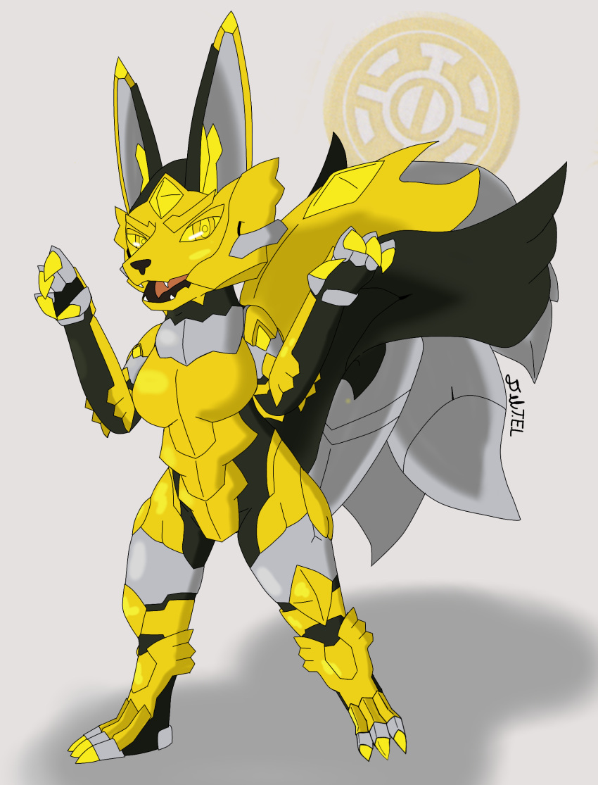 absurd_res anthro armor bakugan big_ears big_tail breasts canid canine deltatel fangs_bared female fennec fenneca_(bakugan) fox hi_res mammal solo standing tail tongue