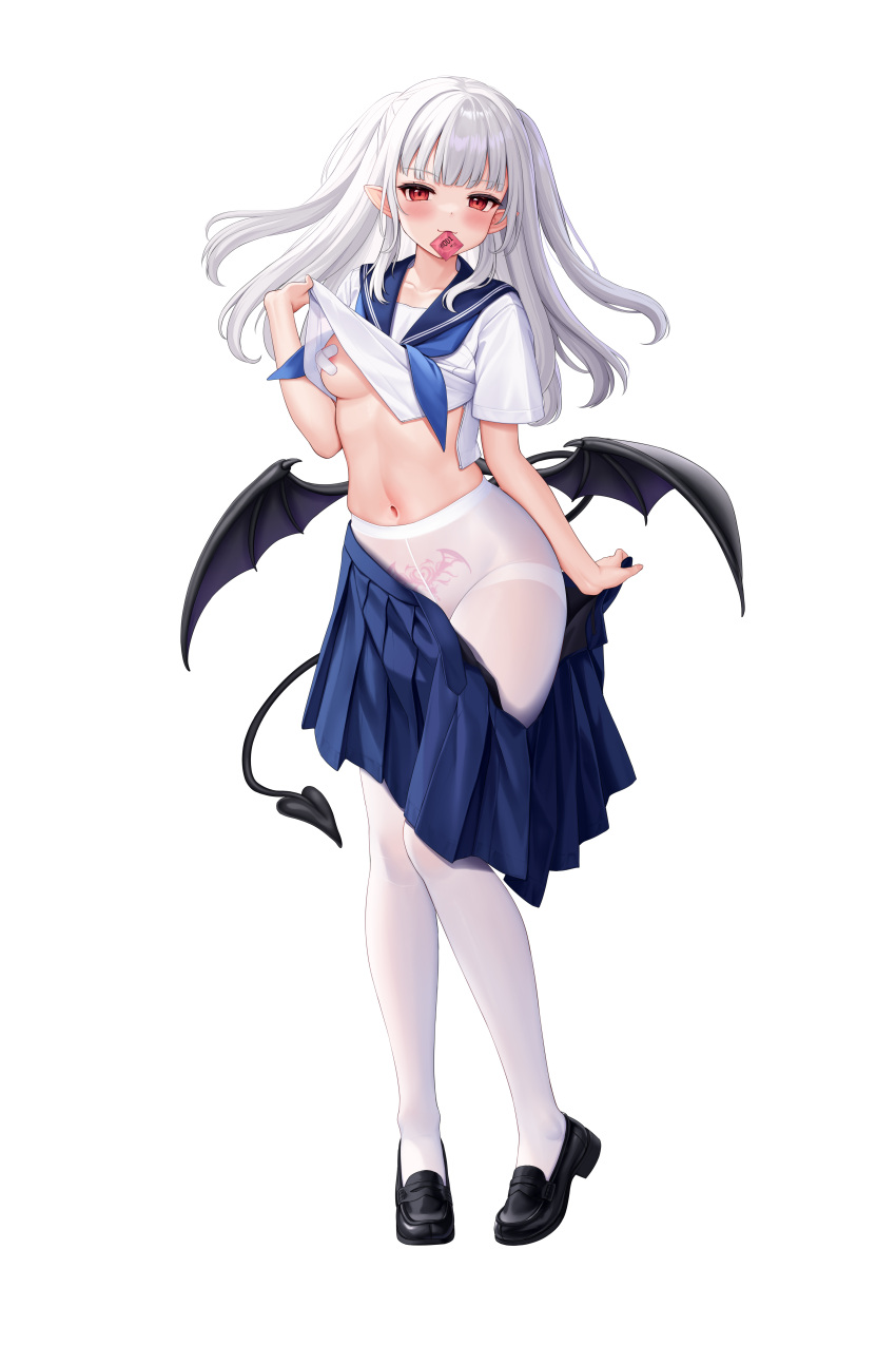 1girl :d absurdres allenes bandaid bandaids_on_nipples black_footwear blue_sailor_collar blue_skirt blush breasts closed_mouth clothes_lift clothes_pull collarbone commentary_request condom condom_wrapper crossed_bandaids demon_girl demon_tail demon_wings full_body grey_hair highres lifted_by_self loafers long_hair looking_at_viewer low_wings medium_breasts mouth_hold navel open_clothes open_skirt original pantyhose pasties pleated_skirt pointy_ears red_eyes sailor_collar school_uniform serafuku shirt shirt_lift shoes short_sleeves skirt skirt_pull smile solo standing tail thighband_pantyhose transparent_background two_side_up white_pantyhose white_shirt wings