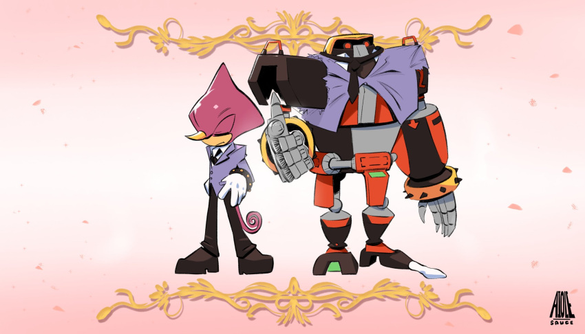 aiole anthro bottomwear chameleon clothed clothing cosplay crossover crossover_cosplay curled_tail duo e-123_omega espio_the_chameleon footwear fully_clothed hi_res horn jacket lizard machine male necktie ouran_high_school_host_club pants reptile robot scalie school_uniform sega shoes sonic_the_hedgehog_(series) suit tail topwear uniform