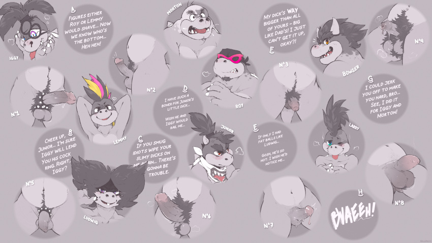 2023 accessory anthro ball_tuft balls big_balls big_penis blush body_hair bowser bowser_jr. cock_ring describing_penis describing_size dialogue embarrassed english_text erection eyewear father_(lore) father_and_child_(lore) father_and_son_(lore) flaccid genitals glasses group hairy hairy_balls hi_res hollo_nut iggy_koopa jewelry koopa koopaling larry_koopa lemmy_koopa ludwig_von_koopa male mario_bros morton_koopa_jr. musk musk_clouds musky_cock nintendo nude parent_(lore) parent_and_child_(lore) parent_and_son_(lore) penis penis_accessory penis_jewelry penis_shot penis_size_difference pubes riddle roy_koopa scalie small_penis son_(lore) testicle_cuff text tuft