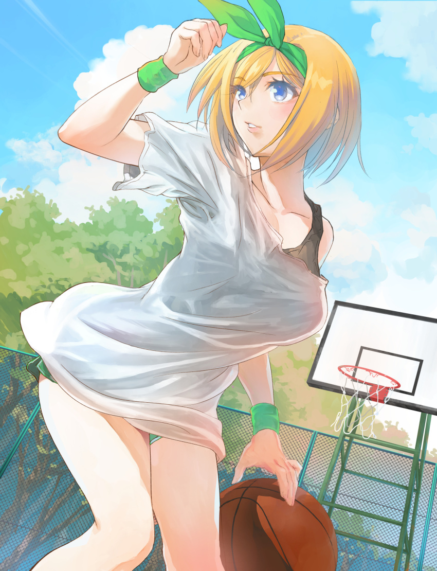 1girl ball basketball basketball_(object) basketball_court basketball_hoop black_bra blue_eyes bra bra_peek chain-link_fence collarbone day fence go-toubun_no_hanayome green_ribbon green_skirt green_wristband hair_ribbon hand_up highres hirokiku miniskirt nakano_yotsuba orange_hair outdoors parted_lips ribbon shirt short_hair skirt sky solo t-shirt thighs tree underwear white_shirt wristband