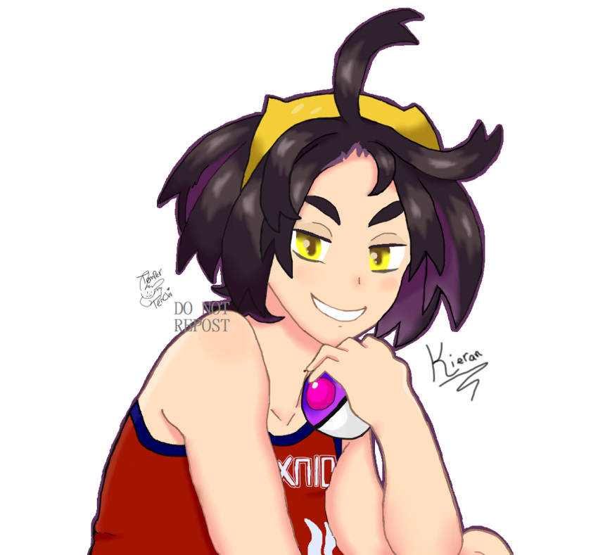 black_hair kieran_(pokemon) long_hair mature_male non-web_source poke_ball pokemon pokemon_(game) red_shirt shirt tank_top trainer yellow_eyes