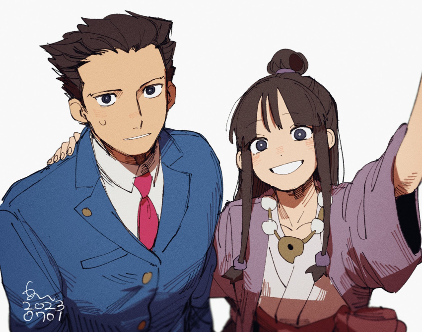 1boy 1girl ace_attorney arm_up black_hair blue_eyes blue_jacket blunt_bangs collared_shirt dated erm_nkcn grin hair_ornament half_updo hand_on_another's_shoulder hanten_(clothes) highres jacket japanese_clothes jewelry kimono long_hair long_sleeves looking_at_viewer magatama magatama_necklace maya_fey necklace necktie open_mouth outstretched_arm parted_bangs phoenix_wright purple_jacket red_necktie selfie shirt short_hair sidelocks signature smile spiked_hair sweatdrop upper_body white_kimono white_shirt