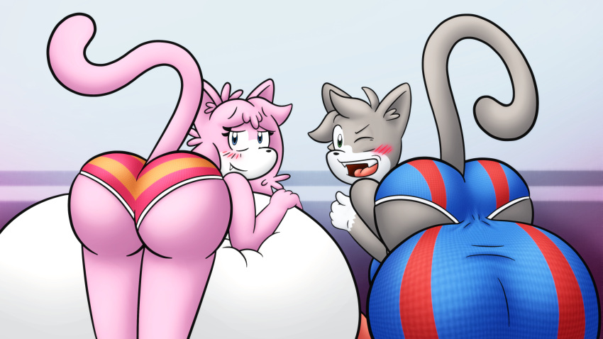 16:9 4k absurd_res aeris_(vg_cats) anthro balls bent_over big_balls big_breasts big_bulge big_butt black_nose blush blush_lines breasts briefs bulge butt clothing countershading domestic_cat duo felid feline felis female genitals hi_res huge_balls huge_breasts huge_bulge hyper hyper_balls hyper_breasts hyper_bulge hyper_genitalia leo_(vg_cats) looking_at_viewer male mammal miles57 nipples one_eye_closed panties rear_view simple_background underwear vg_cats webcomic webcomic_character widescreen wink