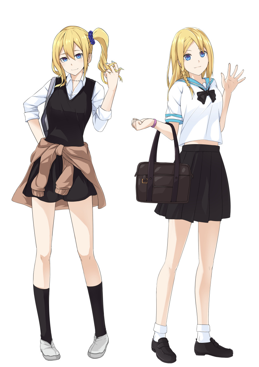 2girls absurdres alternate_costume ankle_socks bag black_dress black_footwear black_skirt black_socks blonde_hair blue_eyes blue_sailor_collar blue_scrunchie brown_cardigan cardigan cardigan_around_waist closed_mouth clothes_around_waist collared_shirt commentary_request cosmicsnic dress dual_persona full_body hair_between_eyes hair_ornament hair_scrunchie hand_on_own_hip hand_up hayasaka_ai highres holding holding_bag holding_hair kaguya-sama_wa_kokurasetai_~tensai-tachi_no_renai_zunousen~ kneehighs loafers looking_at_viewer midriff_peek multiple_girls sailor_collar school_bag school_uniform scrunchie shirt shoes short_sleeves shuuchiin_academy_school_uniform side_ponytail sidelocks simple_background skirt sleeves_rolled_up smile socks standing summer_uniform waving white_background white_footwear white_shirt white_socks