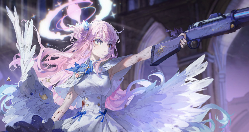 1girl aqua_hair blood blood_on_clothes blue_archive breasts dirty dress feathered_wings gradient_hair gun hair_bun halo highres holding holding_gun holding_weapon indoors long_hair low_wings medium_breasts mika_(blue_archive) multicolored_hair parted_lips pink_hair purple_hair quasarcake single_side_bun solo torn_clothes weapon white_dress wing_ornament wings yellow_eyes