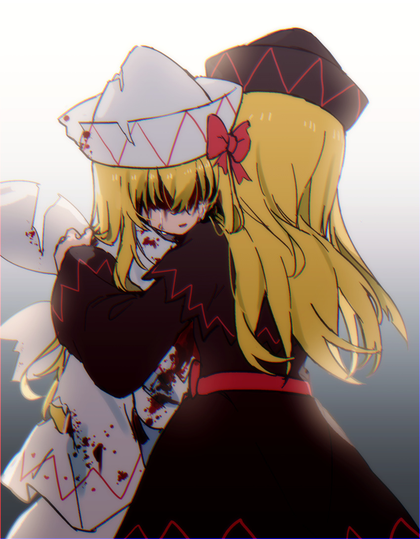 2girls black_dress black_headwear blonde_hair blood blood_on_clothes blood_on_face crying dress fairy fairy_wings hat highres lily_black lily_white long_hair long_sleeves maisuiren multiple_girls open_mouth shaded_face touhou white_dress white_headwear wide_sleeves wings